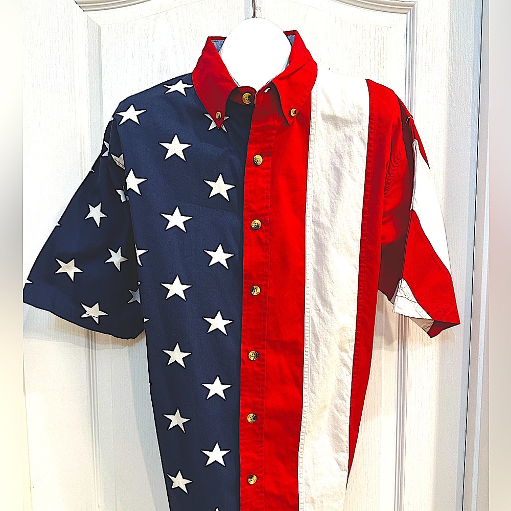 Men’s Casual Button Up Patriotic Short Sleeve Shirt size Large